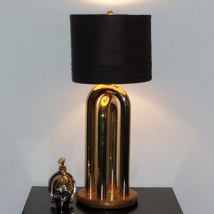 Tall Brass Tube Table Lamp with Black Shade