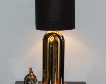 Tall Brass Tube Table Lamp with Black Shade