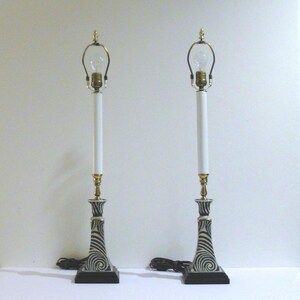 Pair of Unique Candlestick Table Lamps Accent Lighting in Black and White Swirl Design Ceramic Base and Brass Accents image 2