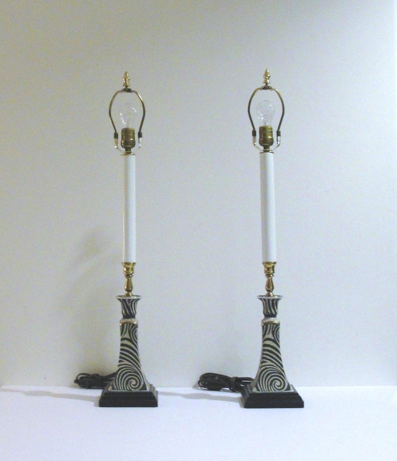 Pair of Unique Candlestick Table Lamps Accent Lighting in Black and White Swirl Design Ceramic Base and Brass Accents image 2