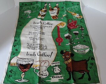 Linen Tea Towel Pure Irish Linen Kitchen Towel Irish Coffee Recipe Green Brown Red Irish Linen