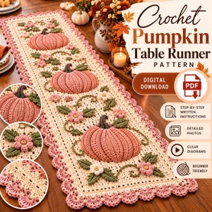 Puede incluir: Un patrón de ganchillo rectangular para camino de mesa con calabazas rosas tridimensionales, hojas verdes y flores pequeñas sobre un fondo crema con un borde rosa festoneado. La descarga digital incluye instrucciones escritas y fotos.