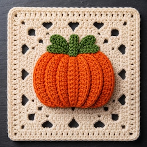 Op de afbeelding: Een vierkant gehaakt granny square in crèmekleurig garen met een centrale driedimensionale oranje pompoenapplicatie met een groene steel en bladeren. Het vierkant heeft een herhalend opengewerkt patroon langs de rand en een textuur in het midden.
