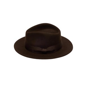 Puede incluir: Un sombrero fedora de color marrón oscuro que presenta una copa estructurada con un pliegue central y un ala ancha. El sombrero está acentuado con una cinta de grosgrain marrón oscuro a juego que rodea la base de la copa y un lazo.
