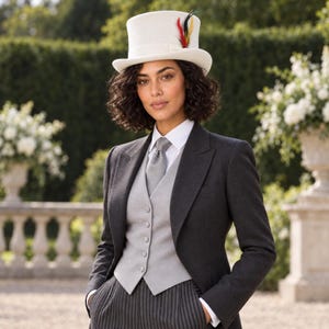 May include: A white top hat with a feather accent, a dark gray blazer, a light gray vest with buttons, a light gray necktie, a white collared shirt, and dark gray pinstriped trousers. The ensemble features a structured, formal appearance.