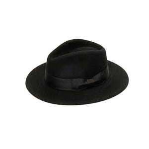 May include: A solid black fedora hat featuring a structured crown with a centre crease and a wide brim. The hat is accented with a matching black satin ribbon band that wraps around the base of the crown, tied in a small bow on the side.