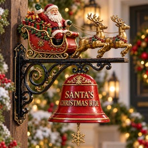 Puede incluir: Un letrero decorativo de pared con una campana roja que lleva la inscripción dorada SANTA'S CHRISTMAS RIDE. Sobre la campana, una figura de Santa Claus va en un trineo rojo tirado por dos renos dorados. Un copo de nieve dorado cuelga de la campana.