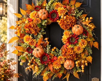 Höstpumpakrans för ytterdörren, höstlövbärkrans, lönnlövsväggdekoration för Thanksgiving, höstpumpakrans för säsongen