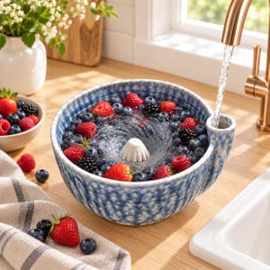 Puede incluir: Un cuenco colador de cerámica azul y blanca moteada lleno de agua, fresas y arándanos frescos. Un cono central blanco permite drenar el agua. Un grifo de cobre vierte agua en el conducto lateral integrado en el borde del recipiente.