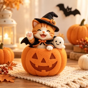 May include: A needle-felted orange tabby cat wearing a black witch hat and cape, sitting inside a carved felt pumpkin. The cat has a smiling expression with visible teeth and is waving one paw. A small white felt ghost sits beside the cat.