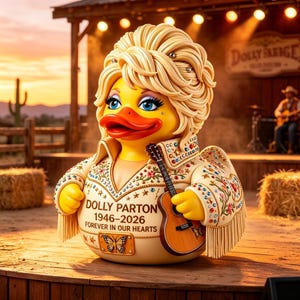 Könnte beinhalten: Eine gelbe Gummiente im Country-Sänger-Stil mit blondem Haar, bekleidet mit einem cremefarbenen Outfit mit bunten Blumenstickereien, Fransen und Strasssteinen. Sie hält eine kleine Gitarre und trägt den Text DOLLY PARTON 1946-2026 FOREVER IN OUR HEARTS.
