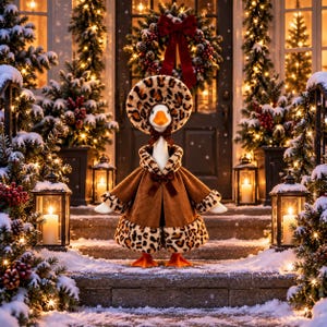 May include: A white goose wearing a brown coat with leopard print trim and a matching leopard print hat. The goose has an orange beak and orange feet, standing on snowy steps in front of a dark door with a festive wreath and lit lanterns.