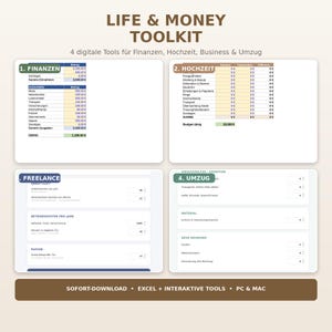 Könnte beinhalten: Ein digitales Toolkit mit dem Titel LIFE & MONEY TOOLKIT, das vier Tabellenkalkulationsvorlagen für Finanzen, Hochzeit, Business und Umzug enthält. Die Benutzeroberfläche zeigt Tabellen für Einnahmen, Ausgaben und Budgets mit deutschem Text.