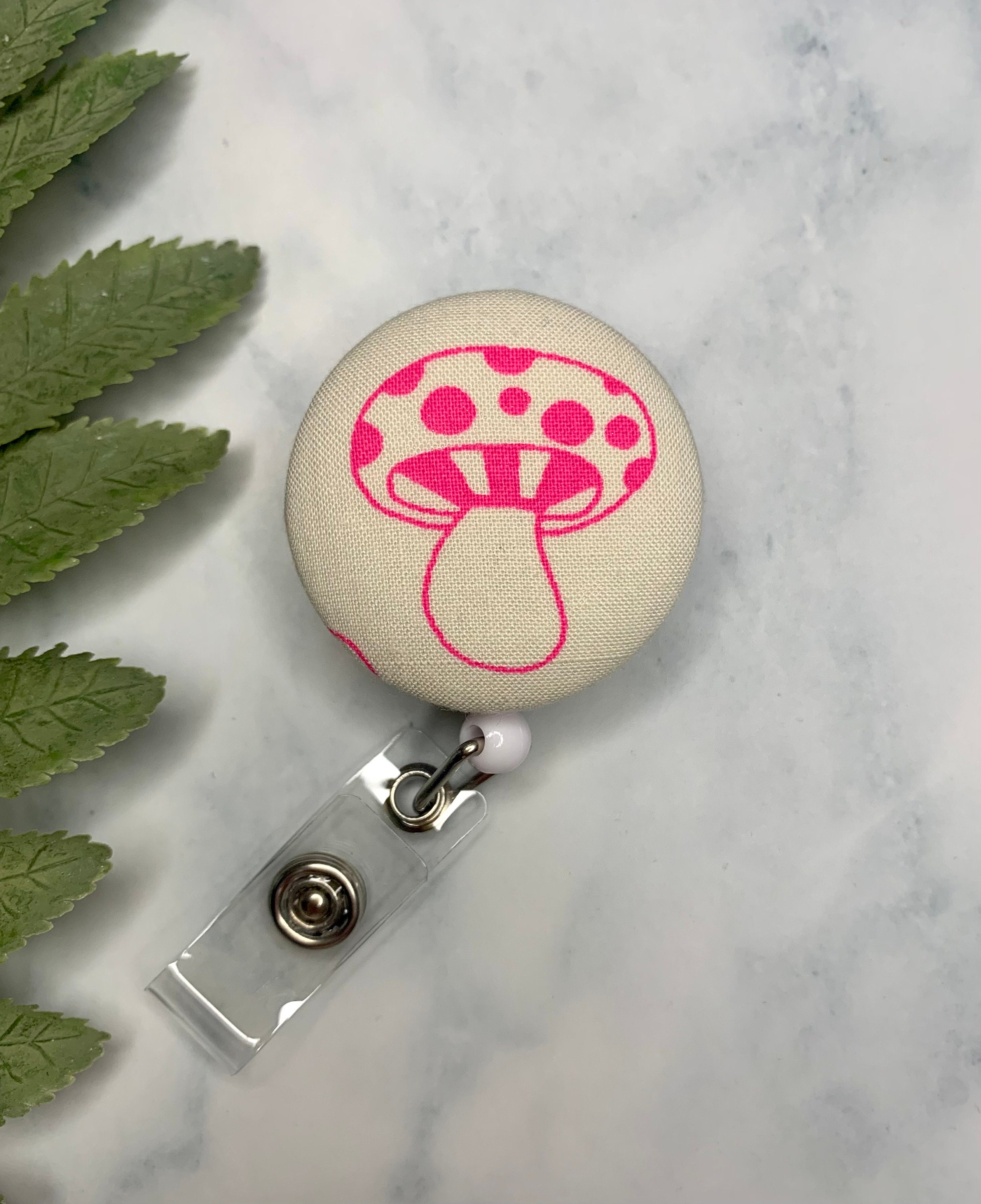 Pink Mushroom Fabric Button Badge Reel Id Holder, Interchangeable
