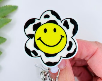 Happy Cow Smiley Flower Badge Reel Id Holder, interchangeable Topper add on