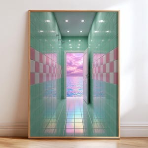 May include: A framed wall art print depicting a hallway with mint green tiled walls featuring a horizontal band of pink and white checkered tiles. An open door at the end of the hall reveals a view of a calm ocean under a vibrant pink sunset sky.