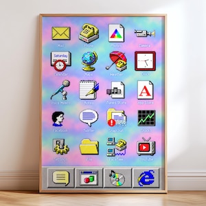 May include: A framed wall art print featuring a grid of retro pixelated computer icons on a pastel tie-dye background. The icons represent various applications like Mail, Phone, Calendar, Maps, Weather, Clock, Notes, and others, arranged in rows.