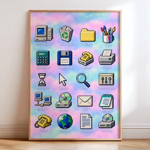 May include: A framed poster featuring a grid of twenty pixel art computer icons against a pastel pink, blue, and purple cloud background. Icons include My Computer, Recycle Bin, Folder, Paint, Calculator, Floppy Disk, Modem, Printer, Hourglass, Cursor, Search, Control Panel, Network, CD-ROM, Mail, Notepad, Phone, Internet, Document, and CD Drive.