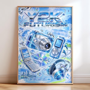 Peut inclure: Une affiche encadrée avec le texte Y2K FUTURISM DIGITAL DESIGN OF THE NEW MILLENNIUM et des graphismes bleutés représentant un appareil photo numérique, un téléphone à clapet, un lecteur de musique, un casque et un CD sur fond bleu ciel.