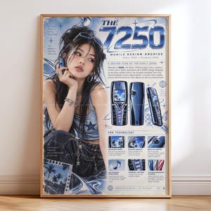 May include: A vertical poster titled The 7250 Mobile Design Archive featuring a person holding a blue mobile phone. The design includes text, graphics of the phone from multiple angles, and small images showcasing Y2K technology features like a color display, camera, and interchangeable covers in a blue and white color palette.