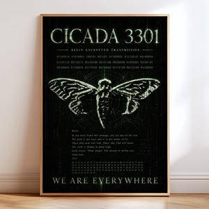 May include: A rectangular poster with a black background featuring the text CICADA 3301 at the top, a central graphic of a cicada insect, lines of binary code, a paragraph of English text, numerical sequences, and the text WE ARE EVERYWHERE at the bottom.