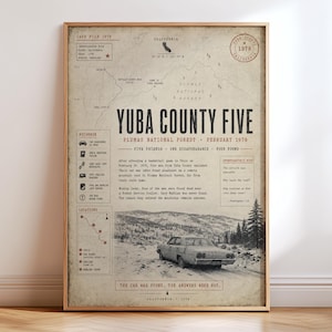 May include: A vertical poster titled Yuba County Five featuring a vintage-style map of Plumas National Forest, California, 1978. It includes a black and white illustration of a car on a dirt road, text summaries of the case, and location markers.