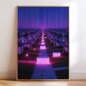 May include: A framed digital art print depicting a suburban street at night with rows of houses under a purple sky with vertical light streaks. Glowing pink computer error pop-up windows labelled out of memory are positioned along the pavement.