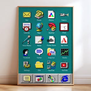 May include: A framed wall art print featuring a teal background with a grid of pixelated icons representing various digital applications. The icons include mail, phone, camera, calendar, maps, weather, clock, notes, and social media logos.