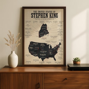 May include: A framed poster titled The United States of Stephen King, featuring a map of Maine and the continental United States with lines pointing to various film locations, movie titles, and release years printed in black on a beige background.