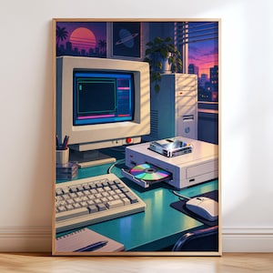 May include: A framed digital art print depicting a retro computer setup on a desk. The scene features a beige CRT monitor, a mechanical keyboard, a computer tower, and a disc drive with an inserted rainbow-coloured disc. A sunset city view is visible.