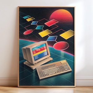Op de afbeelding: Een ingelijste wandkunstprint met een beige retro computermonitor en toetsenbord tegen een donkere rasterachtergrond. Boven de computer zweeft een kleurrijk stroomdiagram met rode, gele en blauwe geometrische vormen onder een grote oranje zon.