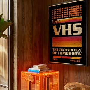 Retro VHS-affisch, analog väggkonst från 1970-talet, hemmabiodekor i screentrycksstil