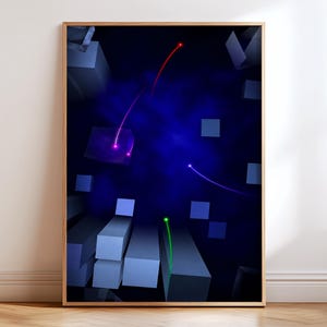 May include: A framed digital art print featuring a dark blue background with floating light blue rectangular blocks. Three glowing light trails in red, purple, and green arc across the composition, connecting various points within the space.