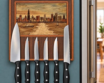 Chicago Skyline Magnetic Knife Holder, Wooden Fridge or Wall Knife Rack, Interchangeable Marquetry or Engraved Art, 4 or 6 Knives