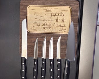 Magnetic Knife Holder with Interchangeable Wood Art, 6-Knife Walnut Refrigerator & Wall Mount