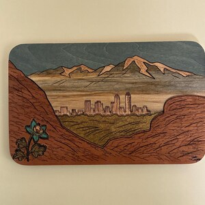 Mountain Landscape Art Insert, Rocky Mountain Wood Marquetry, Red Rock and Wildflower Decor, Magnetic Knife Holder Accessory