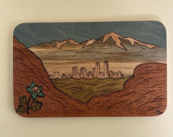 Insert décoratif paysage de montagne, marqueterie de bois des Rocheuses, décor roches rouges et fleurs sauvages, accessoire porte-couteau magnétique