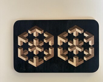 Optical Illusion Wood Art Insert for Magnetic Knife Holder, Geometric Marquetry Panel (8.8 × 5.5 in) – Insert Only