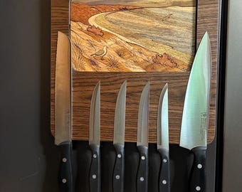 Walnut Magnetic Knife Holder for Refrigerator or Wall, 6-Knife Rack with Interchangeable Wood Art