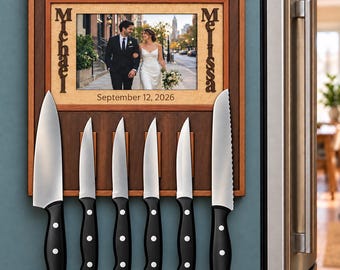 Personalized Magnetic Wood Photo Frame, With or Without Knife Holder, Refrigerator or Wall Mount, Wedding Gift
