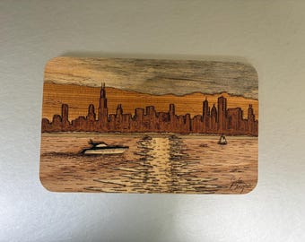 Chicago Skyline Laser Marquetry Wood Art Insert for Standard Magnetic Knife Holder