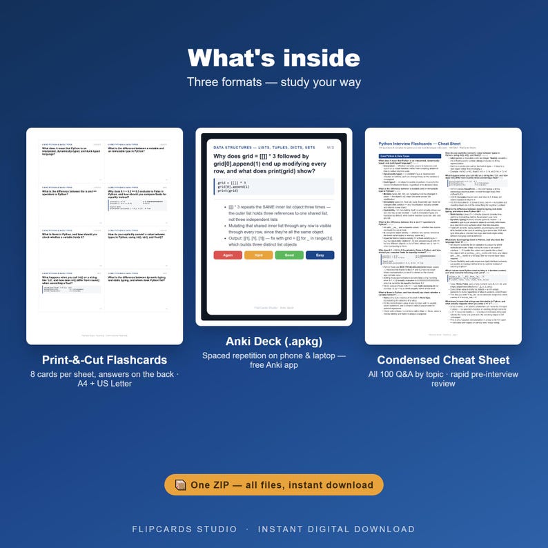 Python Interview Flashcards | 100 Questions & Answers PDF + Anki Deck | Junior Mid Developer Interview Prep | Printable Study Cards image 2