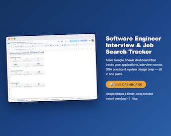 Planilha de acompanhamento de busca de emprego para Engenheiro de Software | Painel de preparação para entrevistas no Google Sheets (Download digital)