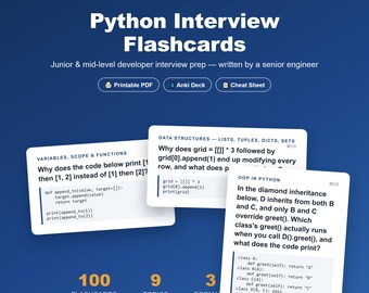 Python Interview Flashcards | 100 Questions & Answers PDF + Anki Deck | Junior Mid Developer Interview Prep | Printable Study Cards
