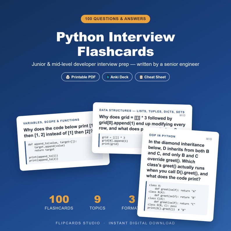 Python Interview Flashcards | 100 Questions & Answers PDF + Anki Deck | Junior Mid Developer Interview Prep | Printable Study Cards image 1