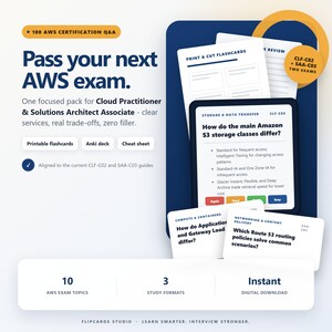 Op de afbeelding: Een digitaal studiemateriaal voor AWS-certificeringsexamens met 100 vragen en antwoorden, printbare flashcards, een Anki-deck en een spiekbriefje. De tekst bevat Pass your next AWS exam, Cloud Practitioner & Solutions Architect Associate.