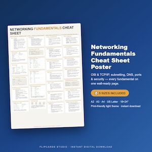 Pode incluir: Um cartaz Networking Fundamentals Cheat Sheet com fundo claro e texto escuro organizado em seções sobre OSI, TCP/IP, sub-redes, DNS, portas e segurança. O texto inclui 5 SIZES INCLUDED, A2, A3, A4, US Letter, 18x24 polegadas.