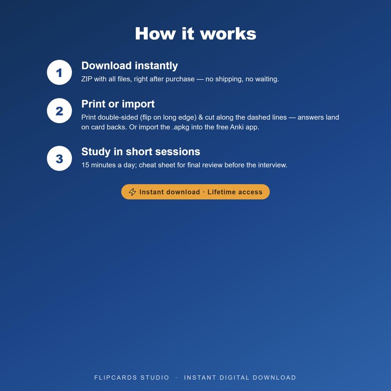 Op de afbeelding: Een blauwe informatieve afbeelding getiteld How it works met drie genummerde stappen. Stap 1: Download instantly. Stap 2: Print or import. Stap 3: Study in short sessions. Bevat een oranje knop met de tekst Instant download - Lifetime access en onderaan de tekst FLIPCARDS STUDIO - INSTANT DIGITAL DOWNLOAD.