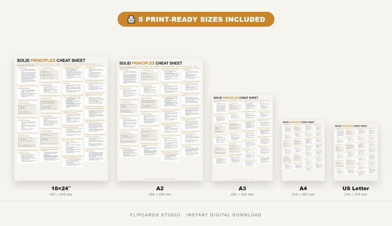 May include: A digital cheat sheet titled SOLID PRINCIPLES CHEAT SHEET, presented in five sizes: 18x24 inches, A2, A3, A4, and US Letter. The document features a grid of text boxes with orange headers, organized for reference. The text includes 5 PRINT-READY SIZES INCLUDED.