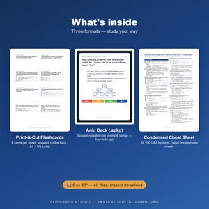 Op de afbeelding: Een digitale studieresourceset met printbare flashcards, een Anki-deckbestand en een beknopt spiekbriefje voor datastructuren en algoritmen, inclusief tekstlabels voor elk formaat en een downloadknop.